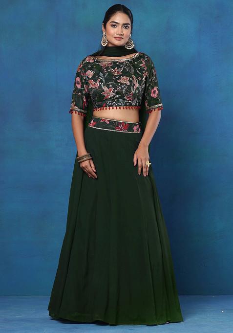 Green Lehenga Set With Hand Embroidered Blouse And Mesh Dupatta