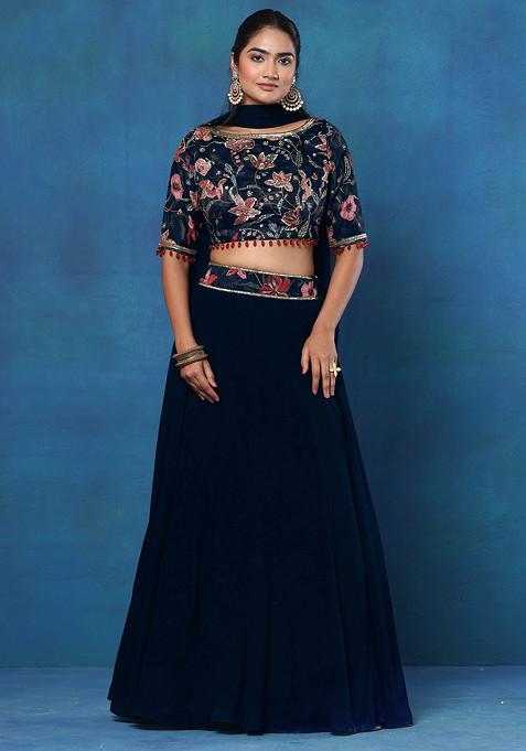 Blue Lehenga Set With Hand Embroidered Blouse And Mesh Dupatta