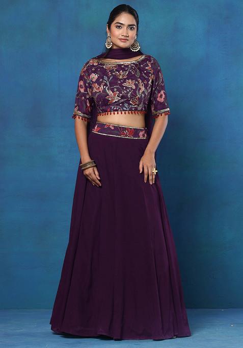 Purple Lehenga Set With Hand Embroidered Blouse And Mesh Dupatta