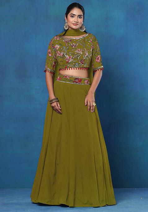 Green Lehenga Set With Floral Hand Embroidered Blouse And Mesh Dupatta