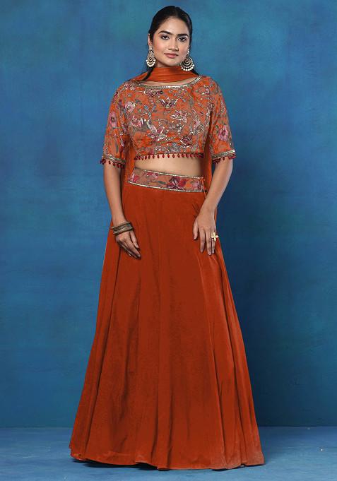 Orange Lehenga Set With Floral Hand Embroidered Blouse And Mesh Dupatta