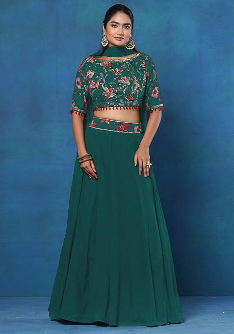 Blue Lehenga Set With Floral Hand Embroidered Blouse And Mesh Dupatta