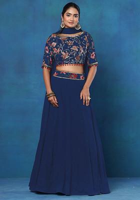 Purple Lehenga Set With Floral Hand Embroidered Blouse And Mesh Dupatta