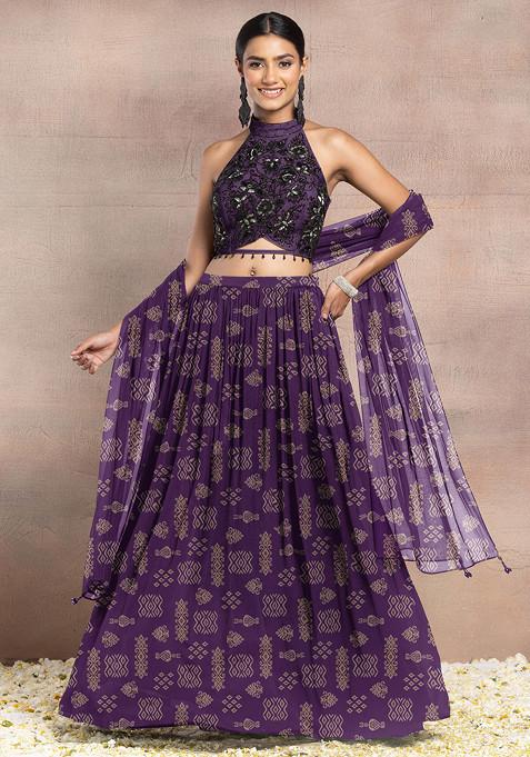 Purple Lehenga Set With Floral Hand Embroidered Blouse And Dupatta