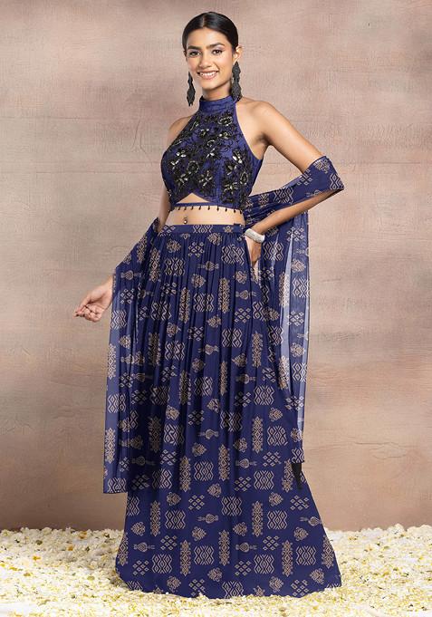 Blue Lehenga Set With Floral Hand Embroidered Halter Blouse And Dupatta