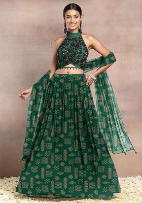 Green Lehenga Set With Floral Hand Embroidered Blouse And Dupatta