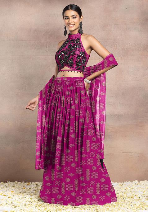 Pink Lehenga Set With Floral Hand Embroidered Halter Blouse And Dupatta