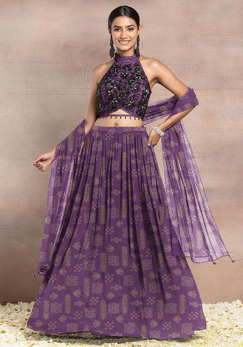 Purple Lehenga Set With Hand Embroidered Halter Blouse And Dupatta