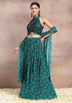 Purple Lehenga Set With Floral Hand Embroidered Halter Blouse And Dupatta