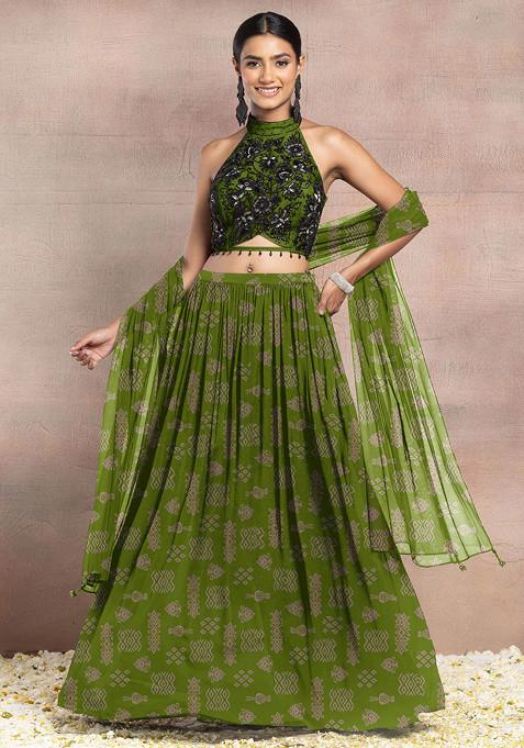 Green Lehenga Set With Floral Hand Embroidered Halter Blouse And Dupatta