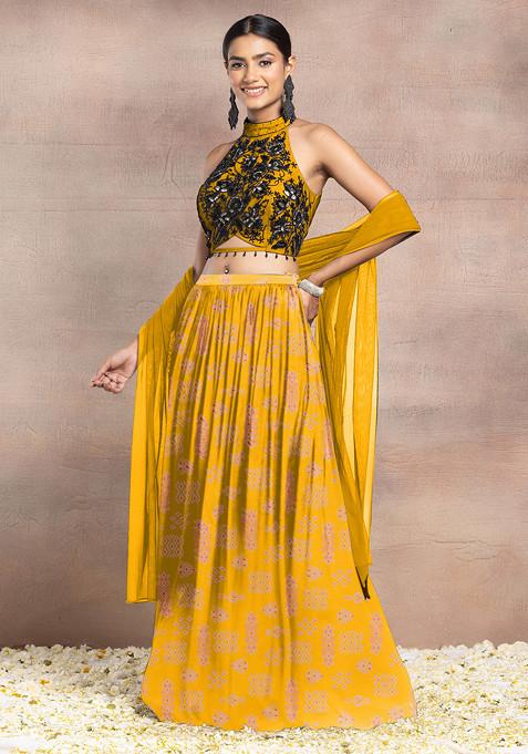 Yellow Lehenga Set With Floral Hand Embroidered Halter Blouse And Dupatta