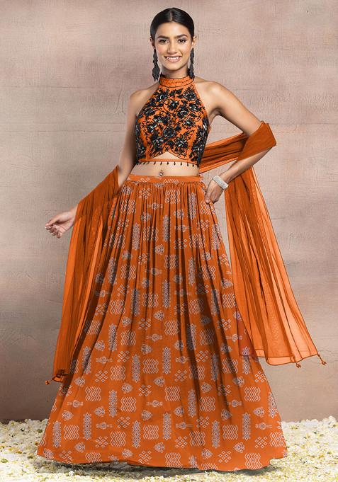 Orange Lehenga Set With Floral Hand Embroidered Halter Blouse And Dupatta