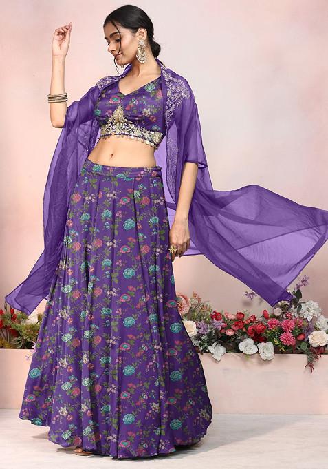 Purple Lehenga Set With Zari Sequin Hand Embroidered Blouse And Jacket