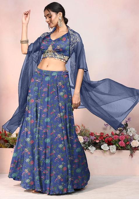 Blue Lehenga Set With Zari Sequin Hand Embroidered Blouse And Jacket