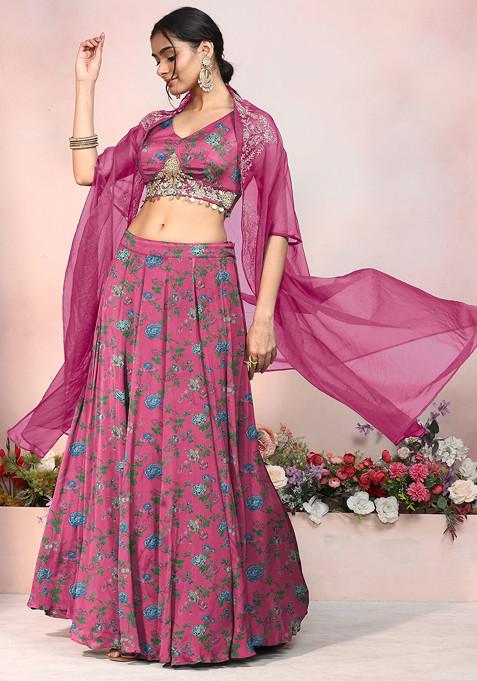 Pink Lehenga Set With Zari Sequin Hand Embroidered Blouse And Jacket