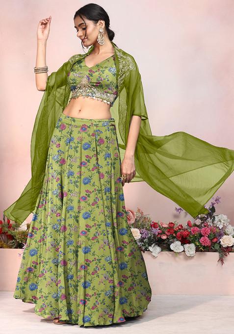 Green Lehenga Set With Sequin Hand Embroidered Blouse And Jacket