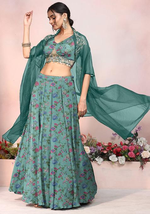 Blue Lehenga Set With Sequin Hand Embroidered Blouse And Jacket