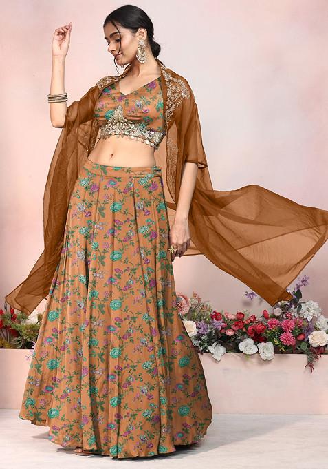 Orange Lehenga Set With Sequin Hand Embroidered Blouse And Jacket