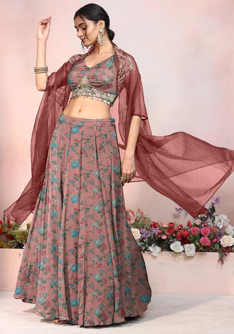 Peach Lehenga Set With Sequin Hand Embroidered Blouse And Jacket