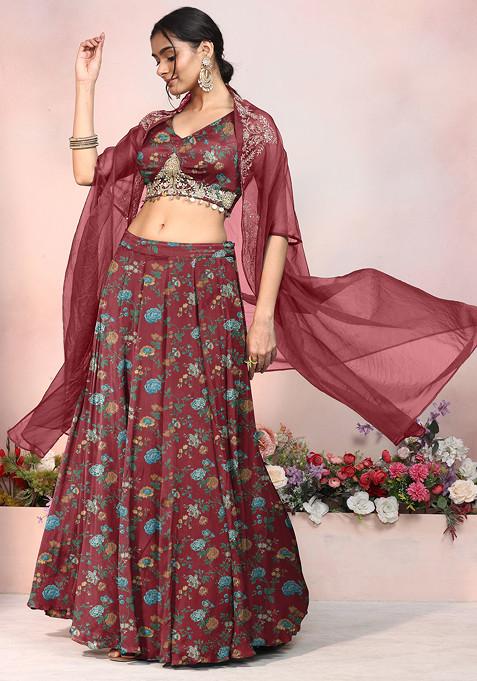 Maroon Lehenga Set With Zari Sequin Hand Embroidered Blouse And Jacket