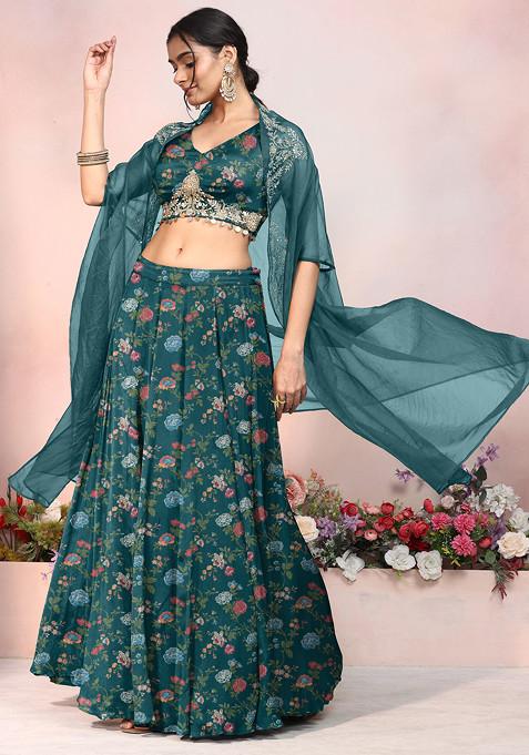 Green Lehenga Set With Zari Sequin Hand Embroidered Blouse And Jacket