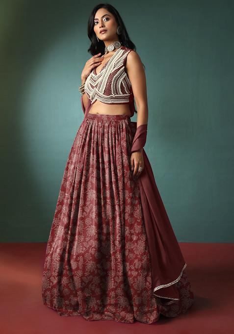 Maroon Lehenga Set With Pearl Hand Embroidered Blouse And Dupatta