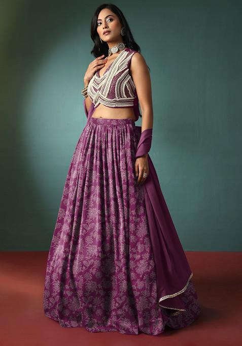 Pink Lehenga Set With Pearl Hand Embroidered Blouse And Dupatta