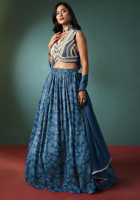 Blue Lehenga Set With Pearl Hand Embroidered Blouse And Dupatta