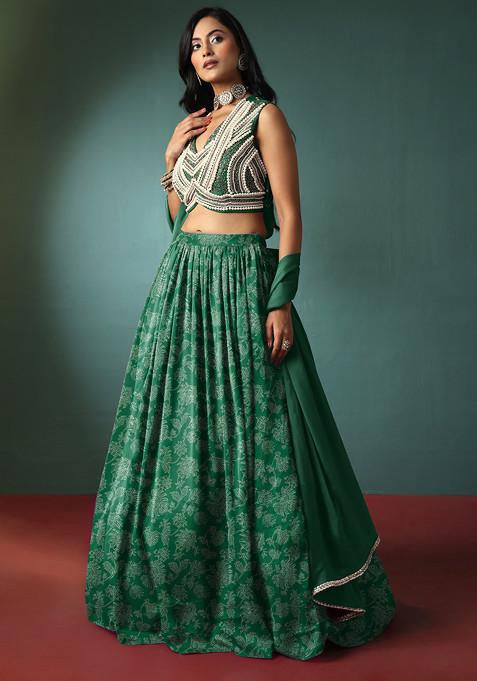 Green Lehenga Set With Hand Embroidered Blouse And Dupatta