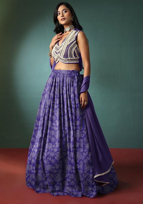 Purple Lehenga Set With Pearl Hand Embroidered Blouse And Dupatta