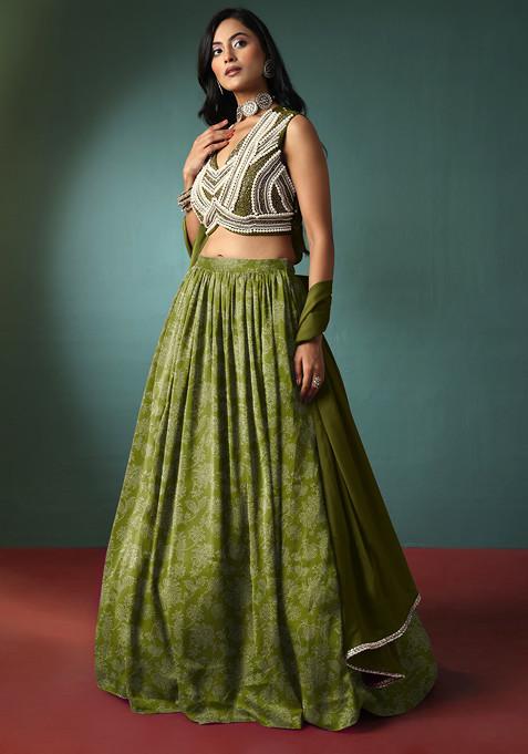 Olive Lehenga Set With Pearl Hand Embroidered Blouse And Dupatta