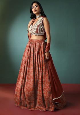 Orange Lehenga Set With Pearl Hand Embroidered Blouse And Dupatta