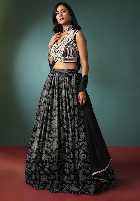 Black Lehenga Set With Pearl Hand Embroidered Blouse And Dupatta