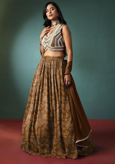 Brown Lehenga Set With Pearl Hand Embroidered Blouse And Dupatta