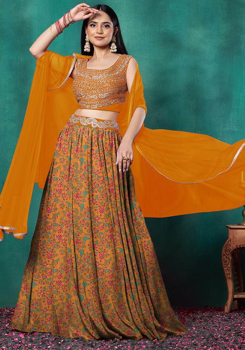 Orange Lehenga Set With Dori Hand Embroidered Blouse And Dupatta