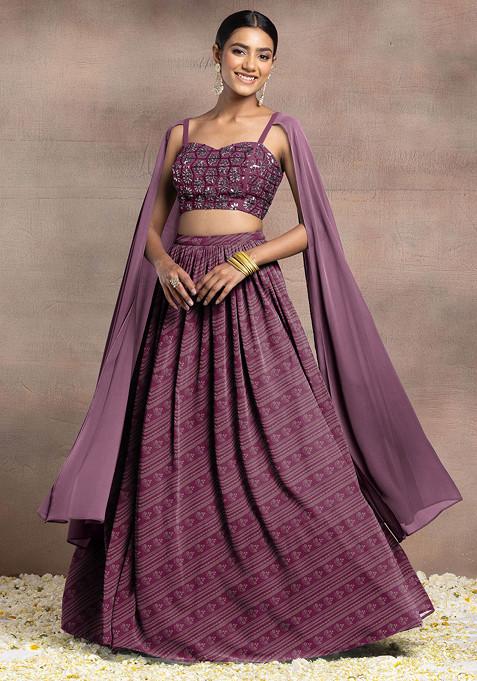 Purple Lehenga Set With Hand Embroidered Cape Sleeve Blouse