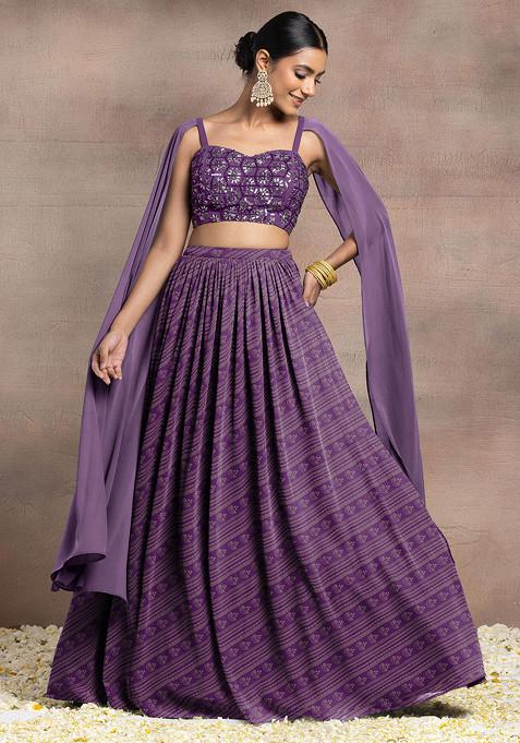 Deep Purple Lehenga Set With Swarovski Hand Embroidered Cape Sleeve Blouse