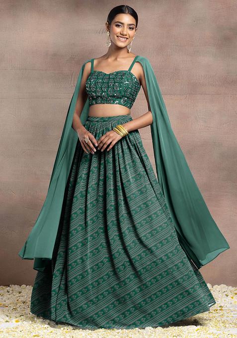 Green Lehenga Set With Hand Embroidered Cape Sleeve Blouse