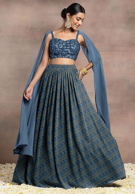 Blue Lehenga Set With Hand Embroidered Cape Sleeve Blouse