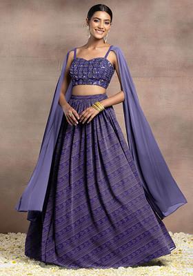 Dark Purple Lehenga Set With Swarovski Hand Embroidered Cape Sleeve Blouse