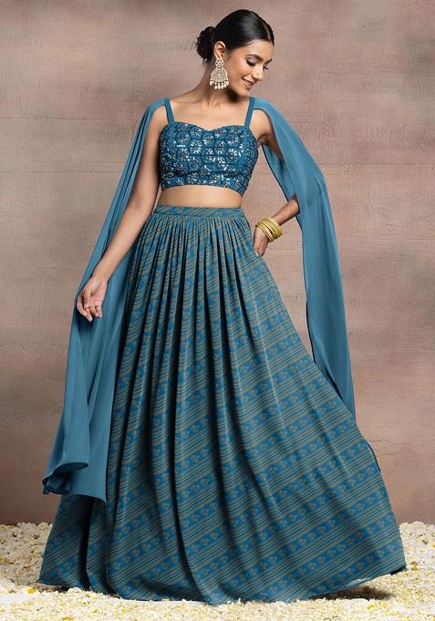 Blue Lehenga Set With Swarovski Hand Embroidered Cape Blouse