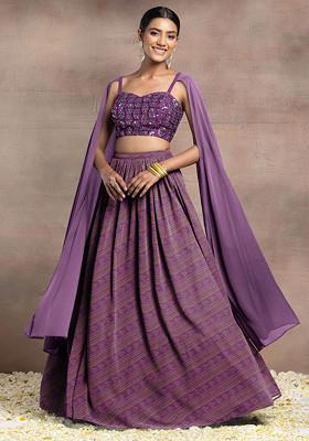 Lavender Lehenga Set With Swarovski Hand Embroidered Cape Sleeve Blouse