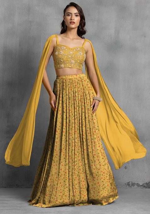 Yellow Lehenga Set With Floral Sequin Hand Embroidered Blouse