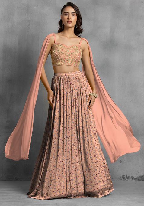 Peach Lehenga Set With Floral Sequin Hand Embroidered Blouse