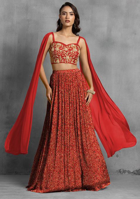 Red Lehenga Set With Floral Sequin Hand Embroidered Blouse