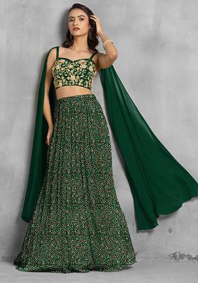 Green Lehenga Set With Floral Sequin Hand Embroidered Blouse
