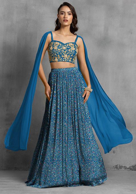 Blue Lehenga Set With Floral Sequin Hand Embroidered Blouse