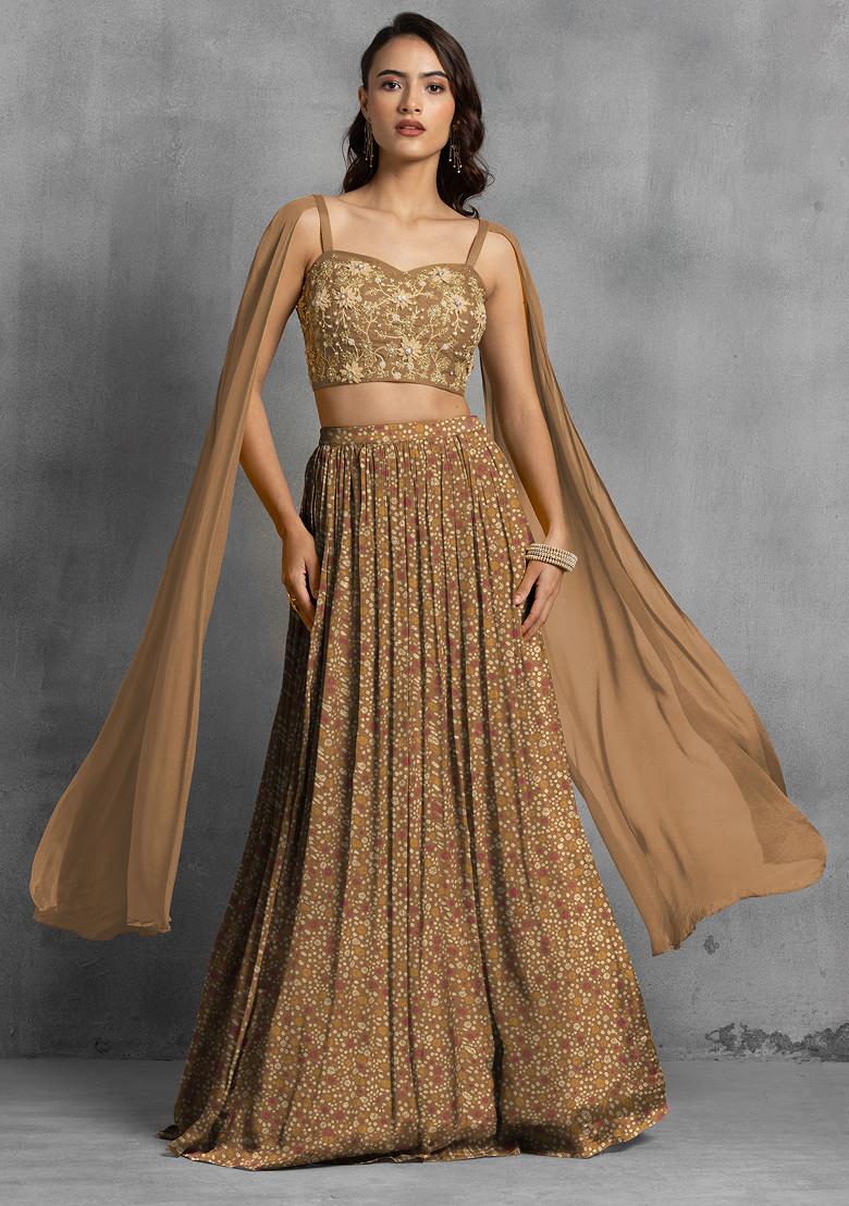 Brown Lehenga Set With Floral Sequin Hand Embroidered Blouse