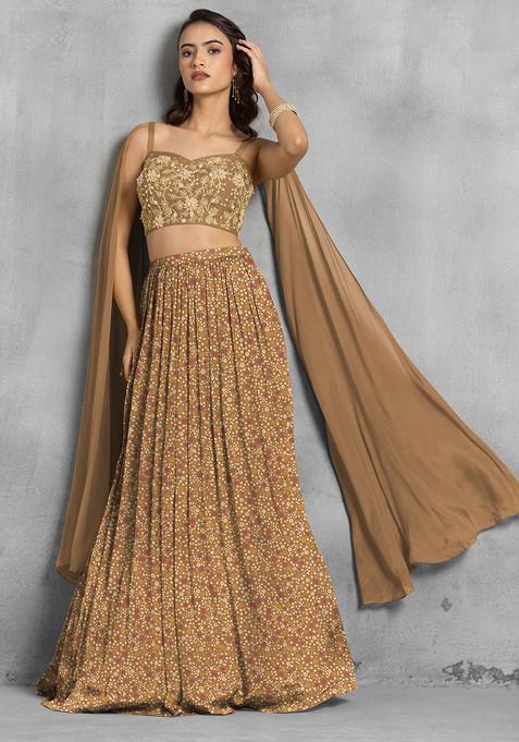 Brown Lehenga Set With Floral Sequin Hand Embroidered Blouse