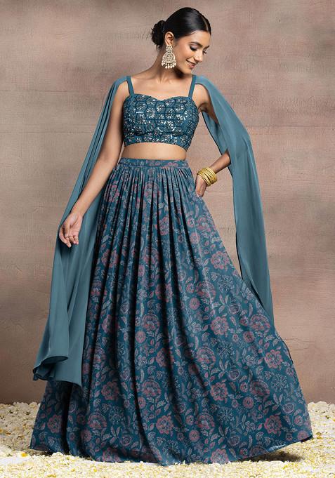 Blue Lehenga Set With Swarovski Hand Embroidered Blouse